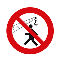 Cartello orizzontale adesivo di divieto FERMARSI NEL RAGGIO D'AZIONE DELLA GRU Ø 31 cm
